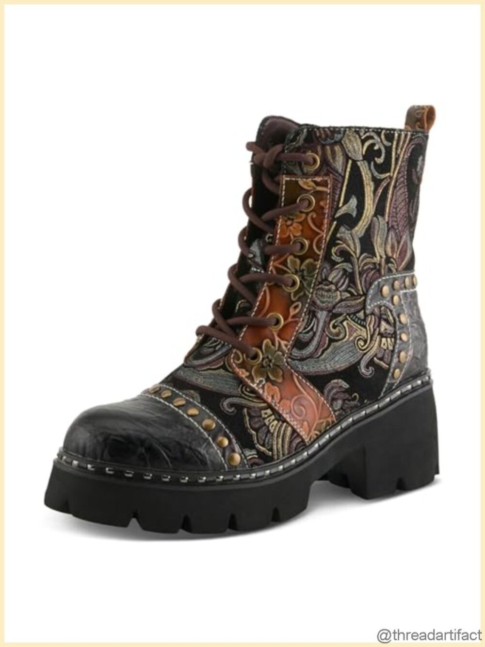 Suede Leather Ankle Bootie Combat Boot Faux Fur Lined Floral Embossed